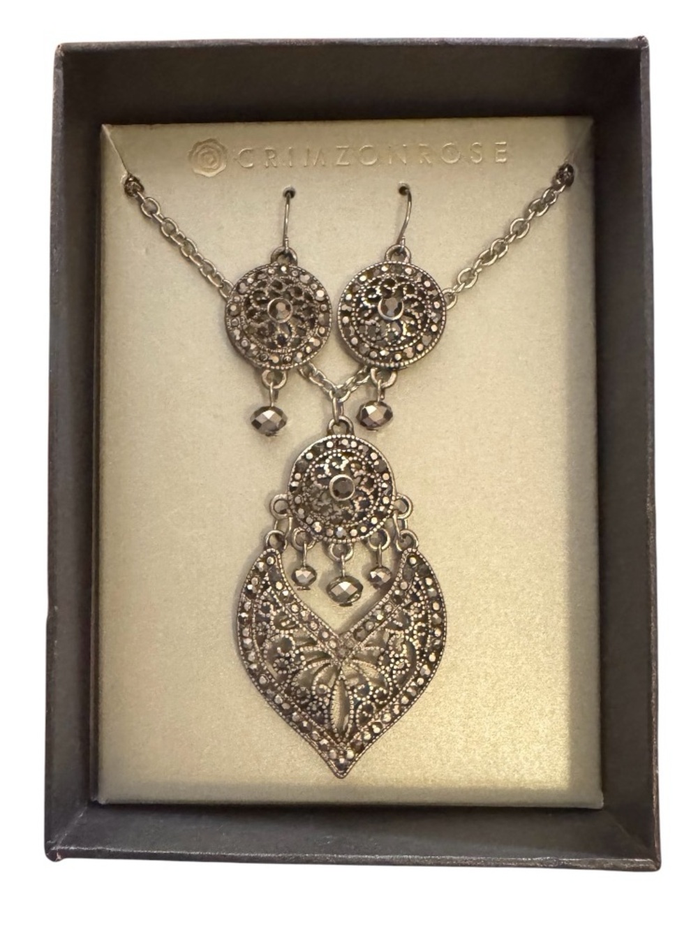 Crimzon Rose Ornate Filigree Pendant Necklace and Earrings Set - Silver Tone